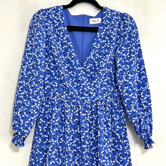 Eliza J Cherry Print Ruffle Long Sleeve Dress Blue Size 4 - Picture 5 of 11